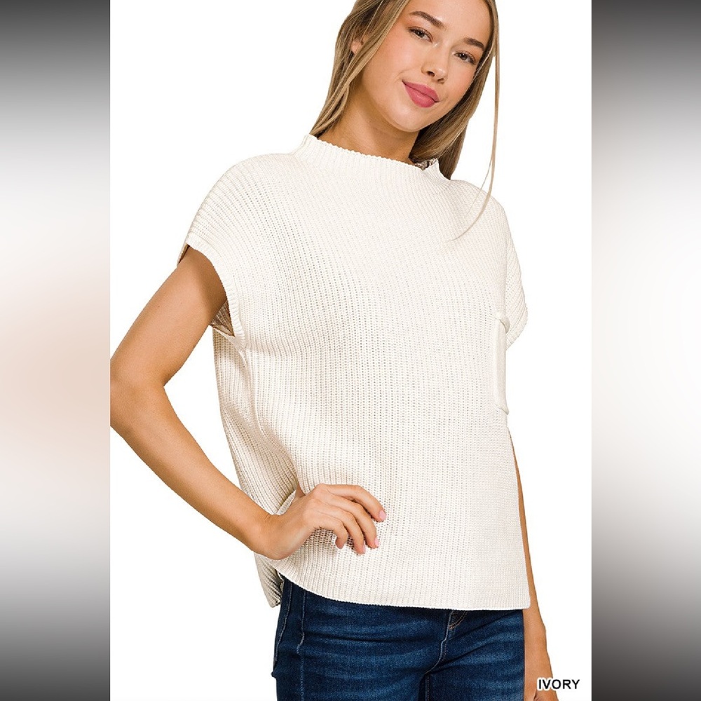 ZENANA Ivory Mock Neck Short Sleeve Sweater
